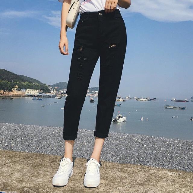 QUẦN BAGGY JEANS ĐEN RÁCH CỰC CHẤT- hình thật chính chủ