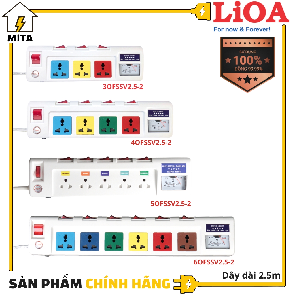 Ổ Cắm Điện Công Suất Lớn Lioa Có Đồng Hồ Vol - 3 Lỗ, 4 Lỗ, 5 Lỗ, 6 Lỗ Dây Dài 2.5M 2 Lõi - 5 Ổ Cắm 5Ofssv2.5 - 2