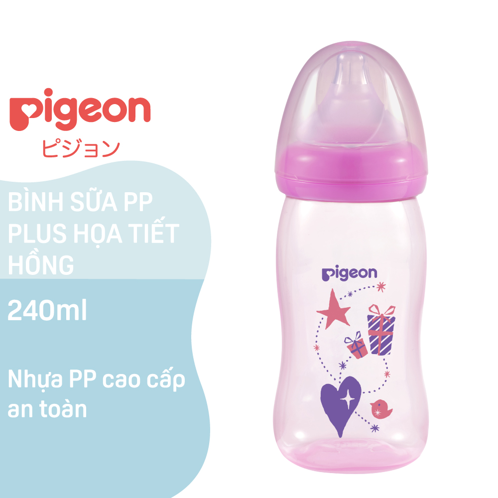 Bình sữa cổ rộng PP Plus họa tiết xanh/hồng Pigeon 240ml (M) (HSD:11/2025)