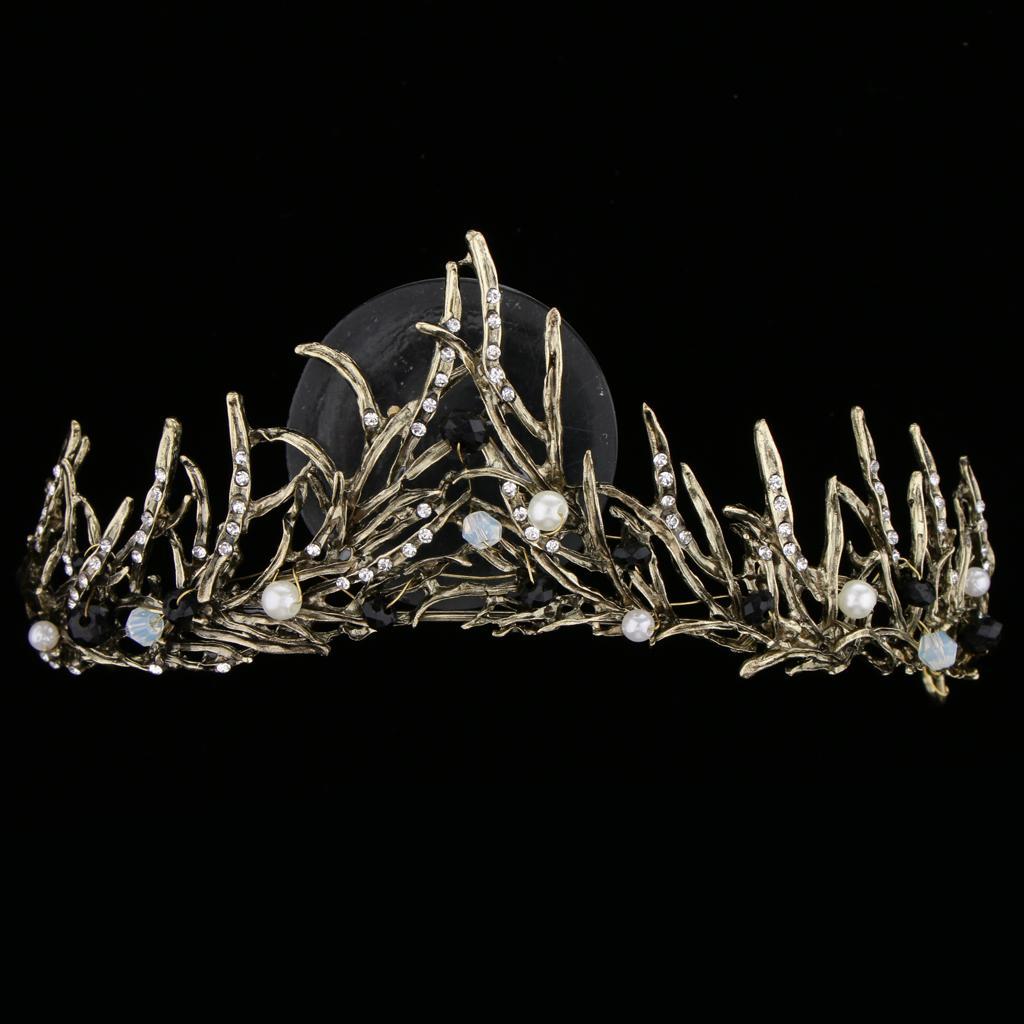 Wedding Crown Bridal Leaf Pearl Tiara Crystal Princess Hair Accessory Bronze