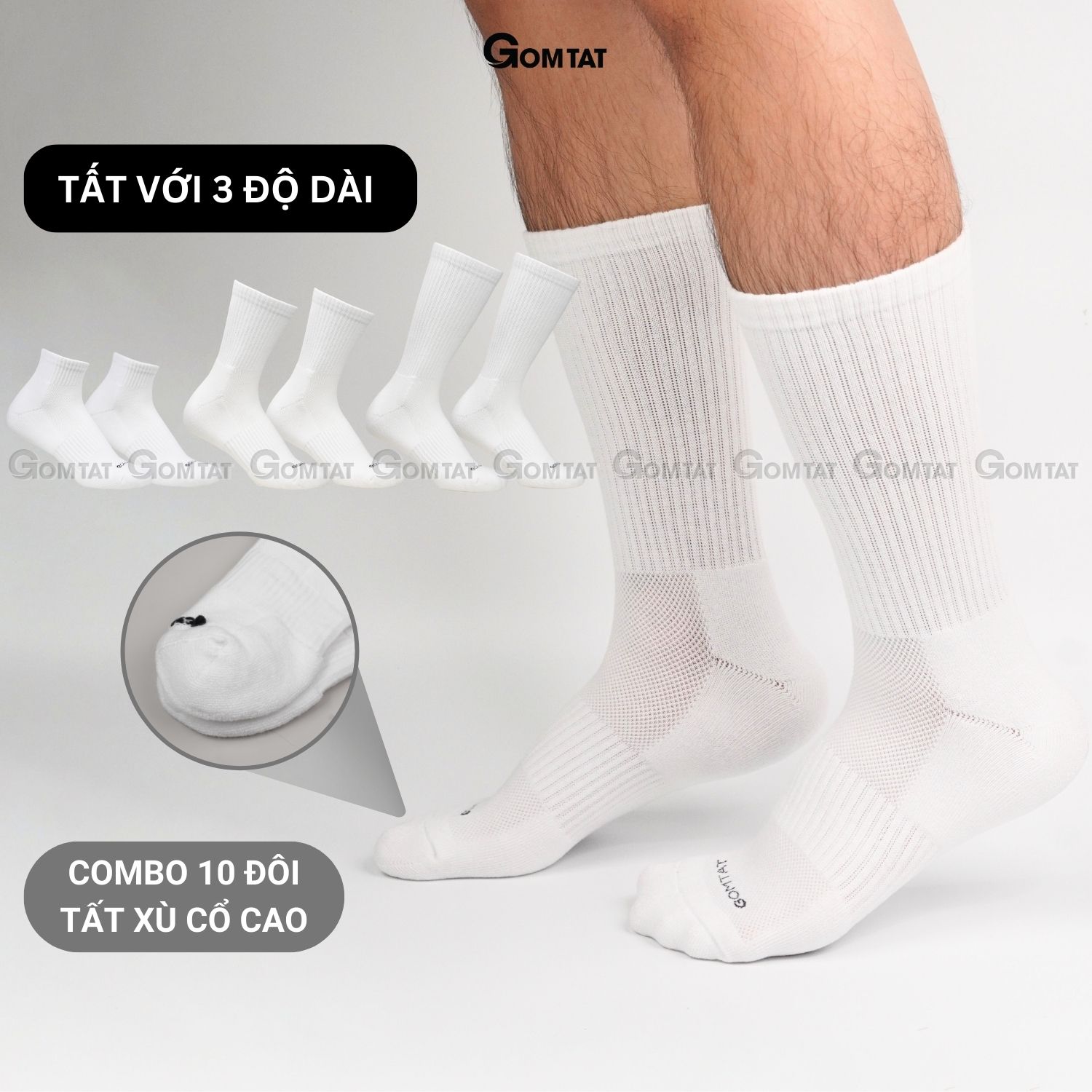 Combo 10 đôi vớ trắng GOMTAT nam nữ cổ cao, chất liệu cotton mềm mại, có lót xù êm chân - NGAN-STA-5009-TRANG-CB10