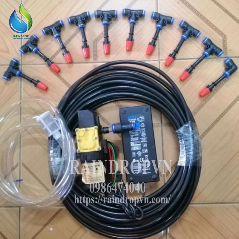 Bộ phun sương 10 béc đơn cam xài ống 8mm kèm bơm đơn tăng áp