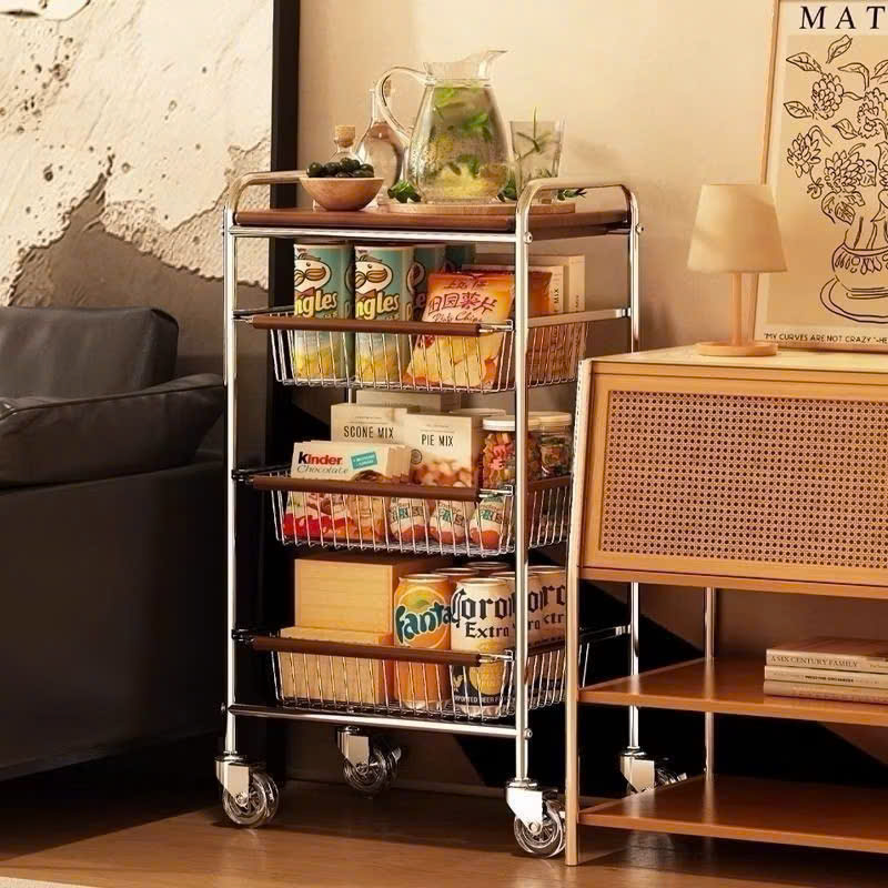 Xe Đẩy Kệ Để Đồ Đa Năng Nhiều Ngăn Tầng Có Ván Gỗ Retro Vintage – Khung Kim Loại Chắc Chắn, Kệ Trang Trí Nhà Bếp Phòng Khách - HÀNG CHÍNH HÃNG MINIIN