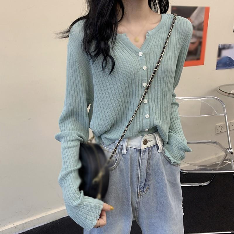 Áo Khoác Cardigan Dệt Kim Tay Dài Cổ Chữ V Màu Trơn Hợp Thời Trang Cho Nữ