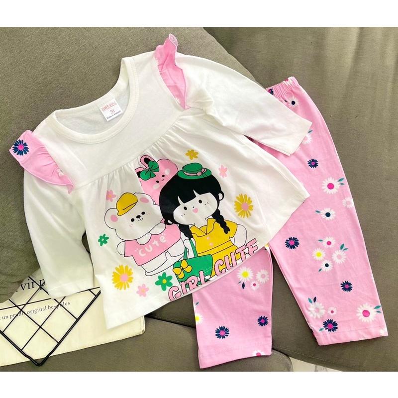 Bộ dài bé gái thun cotton borip chính phẩm dáng babydoll