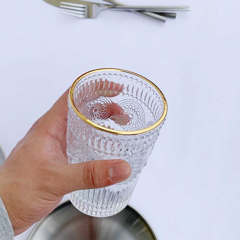 CỐC UỐNG NƯỚC THỦY TINH CHỊU NHIỆT CAO CẤP HOA VĂN TRÒN NỔI VIỀN VÀNG - VD722