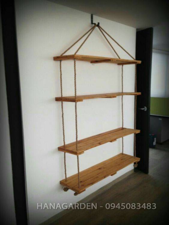 KỆ GỖ 2 TẦNG TREO TƯỜNG 60X20CM BẢN TO Trang Trí Bằng Dây Thừng Trang Trí Gỗ Cao Su Ghép