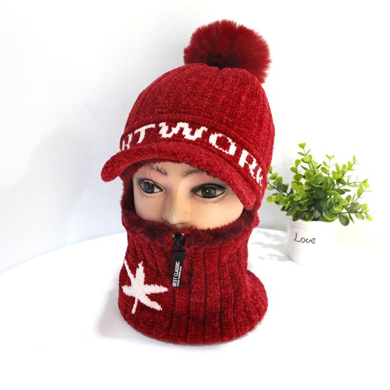 Mũ len ninja nữ trùm kín cổ lót lông siêu ấm thêm chìa mũ chống nắng hanh mùa đông - mu len nu