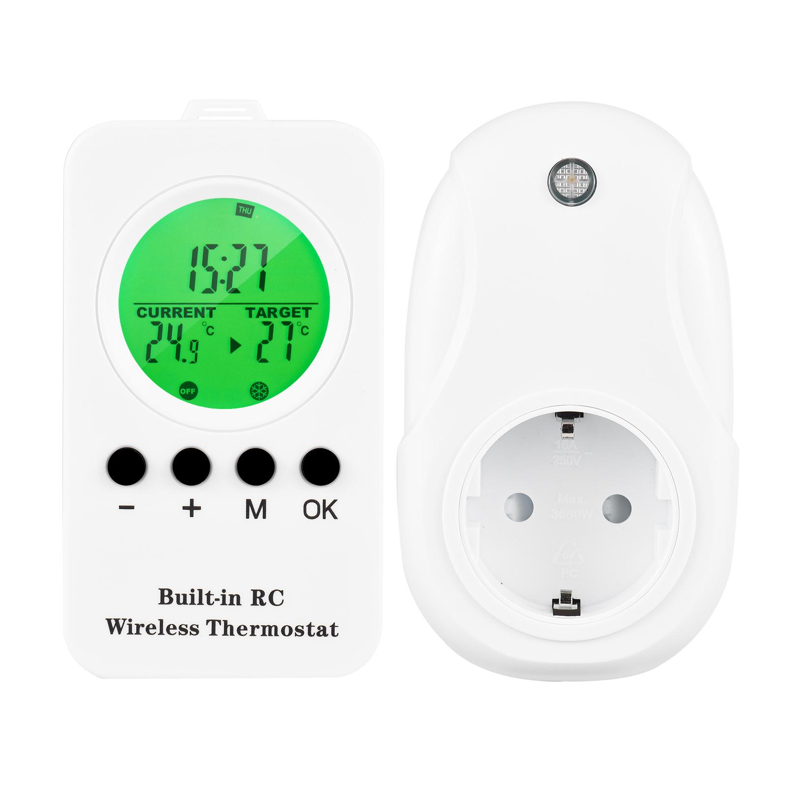 230V 16A Wireless Thermostat Remote Thermostat Control Plug-in Socket 0~70℃ Temperature Range Wireless Timing Temperature Control Socket Digital Display with Green Backlight