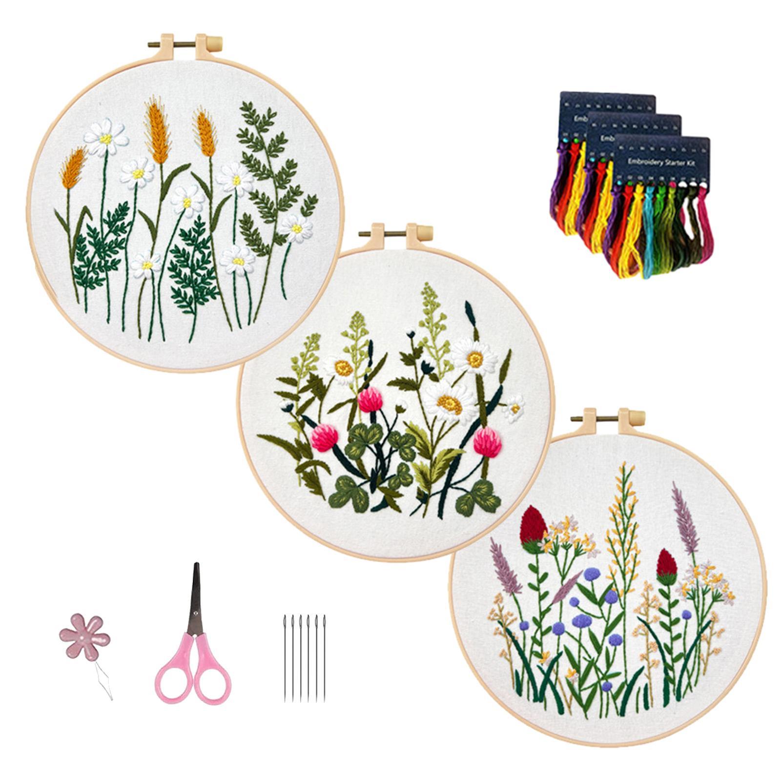 3Pcs Embroidery Set Cross Stitch Handmade Sewing Accessories Starter Tools Plants Pattern for Adults Handcraft Enthusiast