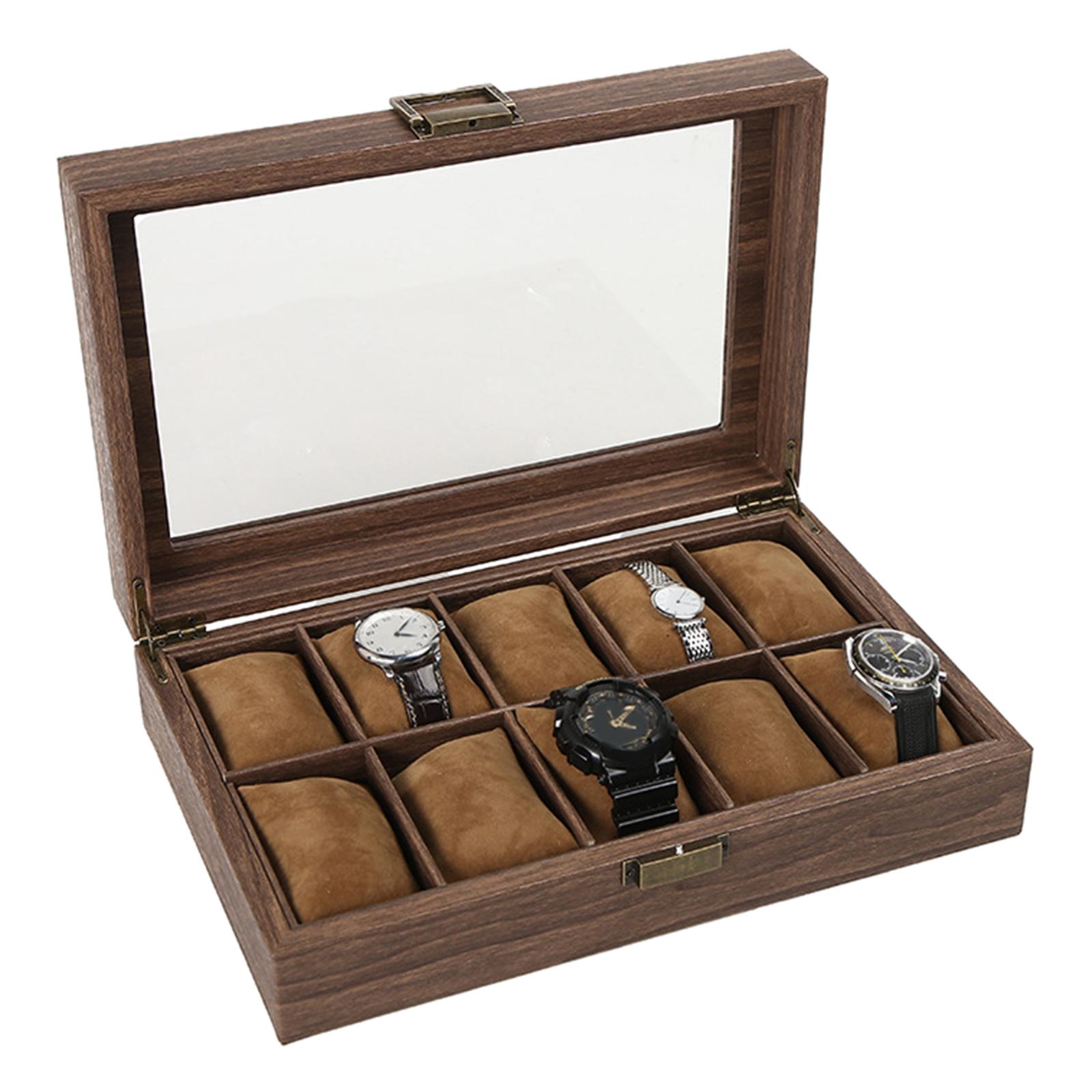 Luxury Wooden Watch Box Men Jewelry Rings Case Organizer Glass Top 6 Grid