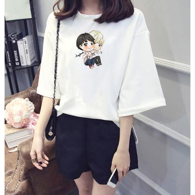 Áo thun tay lỡ Hàn Quốc form rộng in hình chibi V BTS vải dày mịn TEEWO134