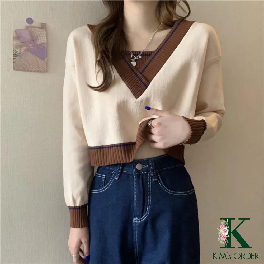 Áo Len Nữ Croptop Cổ Chữ V Màu Xanh Đen Trắng Be Xám Dài Tay Phong Cách Ulzzang Hàn Quốc Loại Đẹp Hàng Quảng Châu