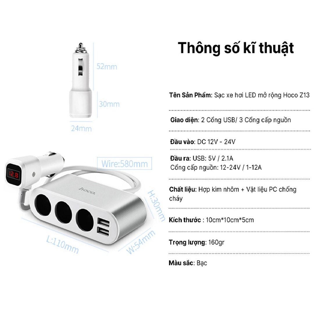 Bộ chia tẩu sạc xe hơi Hoco Z13 ra 3 Tẩu Sạc, 2 Cổng Sạc USB giúp sạc được nhiều thiết bị - Hàng chính hãng