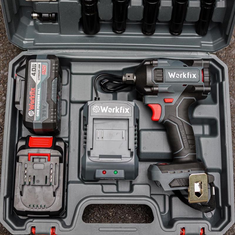 [ Tặng 26 phụ kiện] Máy Siết Bulong Workfix 450N.m 2 pin PLUS- Màu XÁM - Đa Năng 2 In 1 - IW450NBL - Motor Brushless - Chân Pin Phổ Thông 2 Pin 21V/4Ah PLUS - Bảo Hành Chính Hãg - 6th