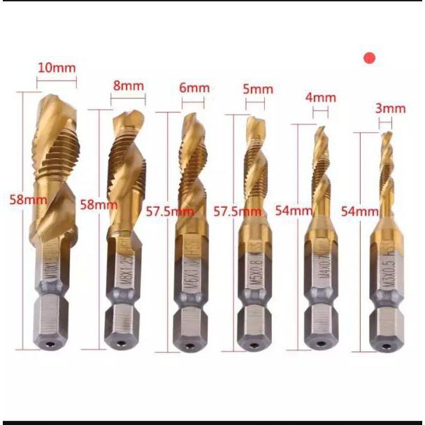 Bộ 6 mũi khoan taro ren HSS 6542 M3-M10 phủ Titanium