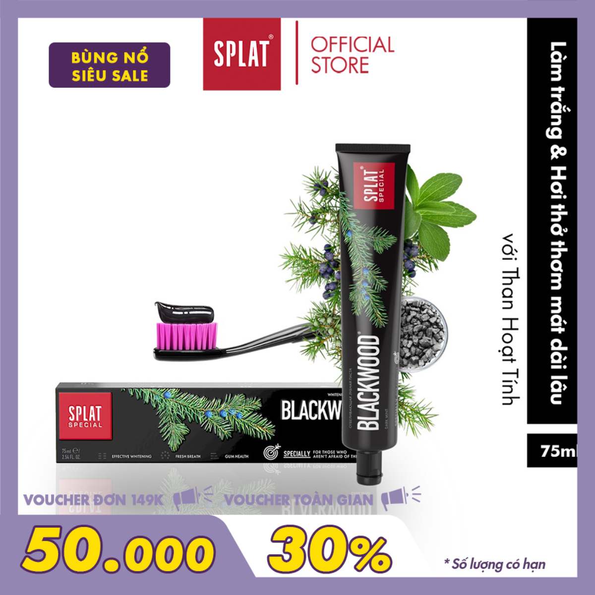 Kem Đánh Răng Làm Trắng Răng SPLAT Blackwood Special Không Chứa Florua Thân Thiện Với Cả Người Ăn Chay Dung Tích 75ml