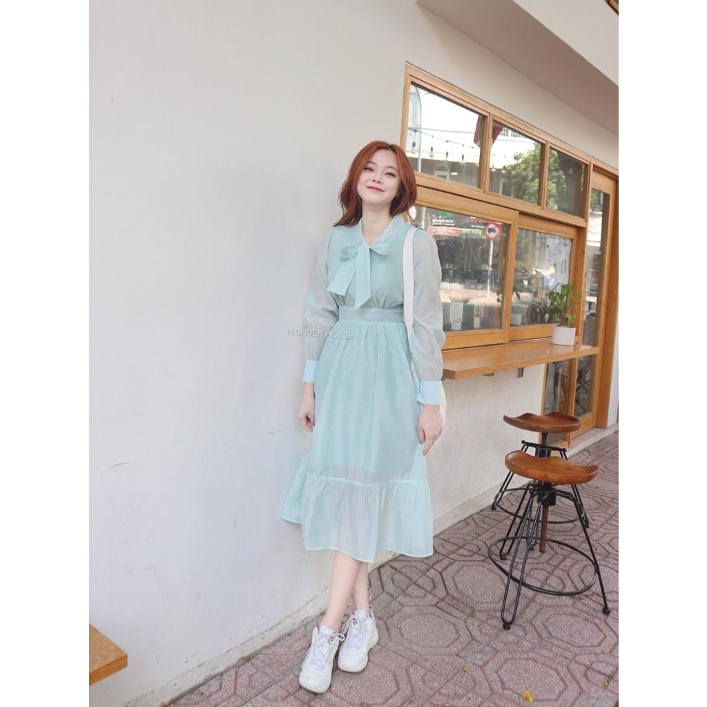 Đầm thiết kế WONDERHOUSE cổ thắt nơ tay dài công sở, dự tiệc chất liệu lụa sang chảnh - Kelly Dress