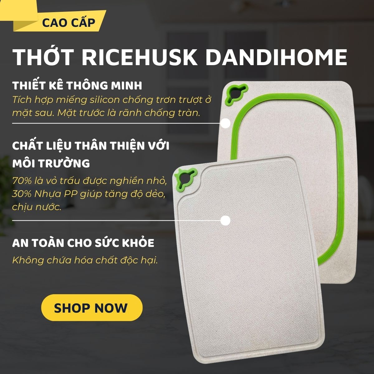 Thớt ricehusk DandiHome chống nấm mốc, an toàn sức khỏe