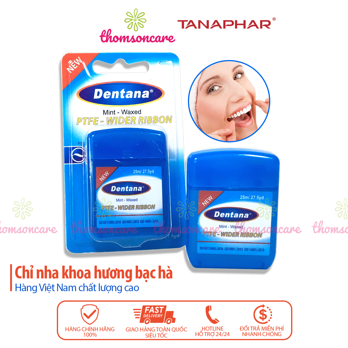 Chỉ nha khoa Dentana hương bạc hà - Vệ sinh, chăm sóc răng miệng, làm sạch mảng bám, thức ăn thừa sau ăn