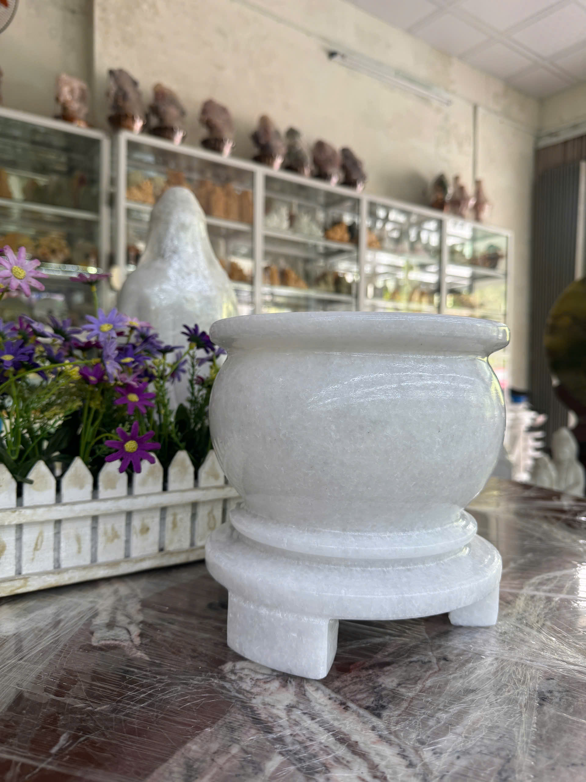 Lư hương, bát hương, bát nhang thờ cúng đặt bàn thờ đá trắng - Cao 20cm