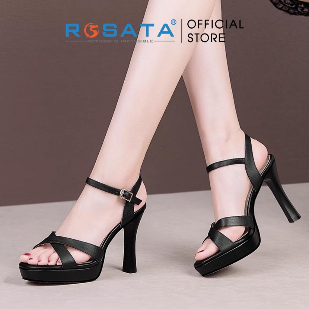 Giày sandal cao gót nữ đế vuông 9 phân mũi tròn quai hậu cài khóa dây mảnh ROSATA RO600 ( Bảo Hành 12 Tháng ) - ĐEN