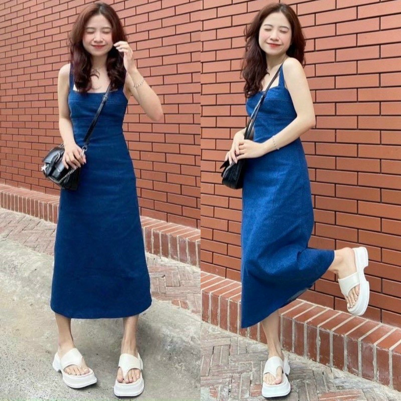ĐẦM DÂY DENIM JEANS MIDI DÀI SUÔNG TRƠN HAI DÂY CỔ U DẠO PHỐ ĐI BIỂN DỰ TIỆC