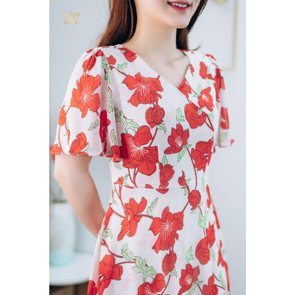 Đầm Maxi thiết kế trung niên sang trọng Cổ tròn tay loe màu Trắng hoa đỏ TTV STORE TTV1248