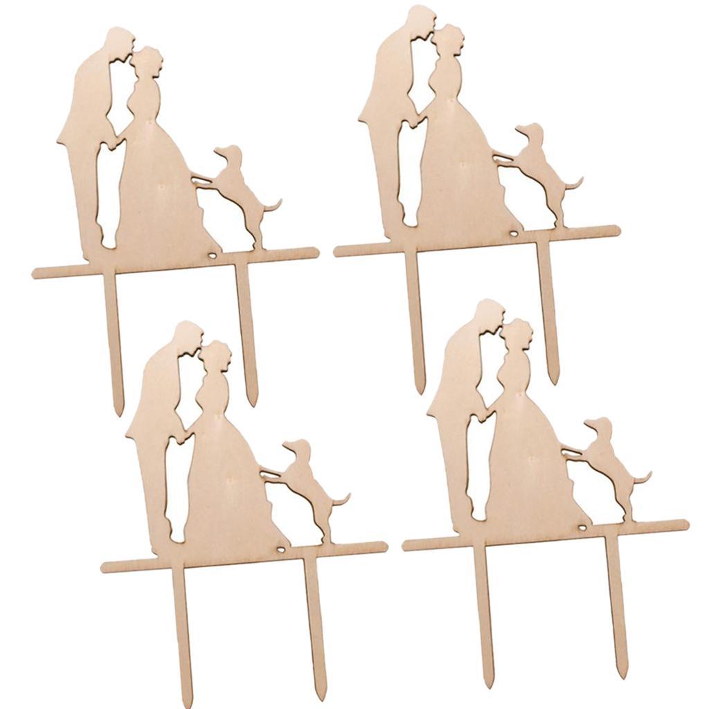 2X Pack of 4 Bride and Groom Silhouette with Dog Cake Topper Wedding Cake Decor