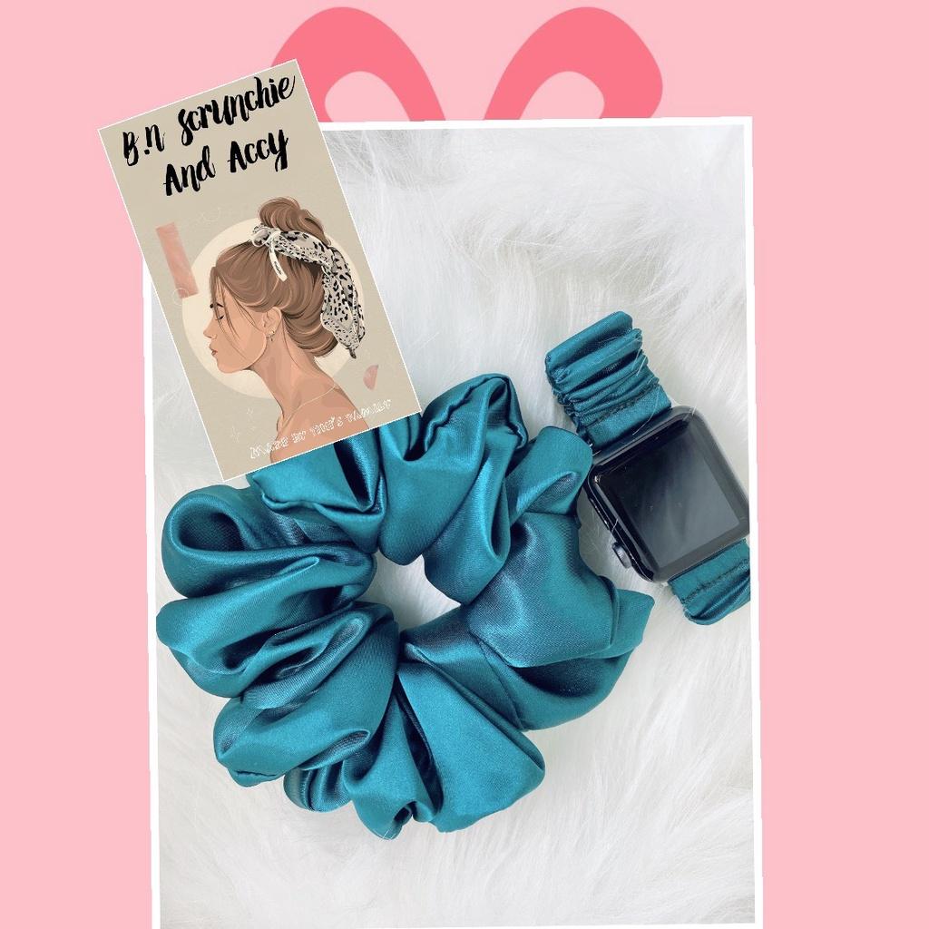 Combo dây đồng hồ apple watch và scrunchies dây cột tóc, buộc tóc vải satin lụa cao cấp xanh đậm