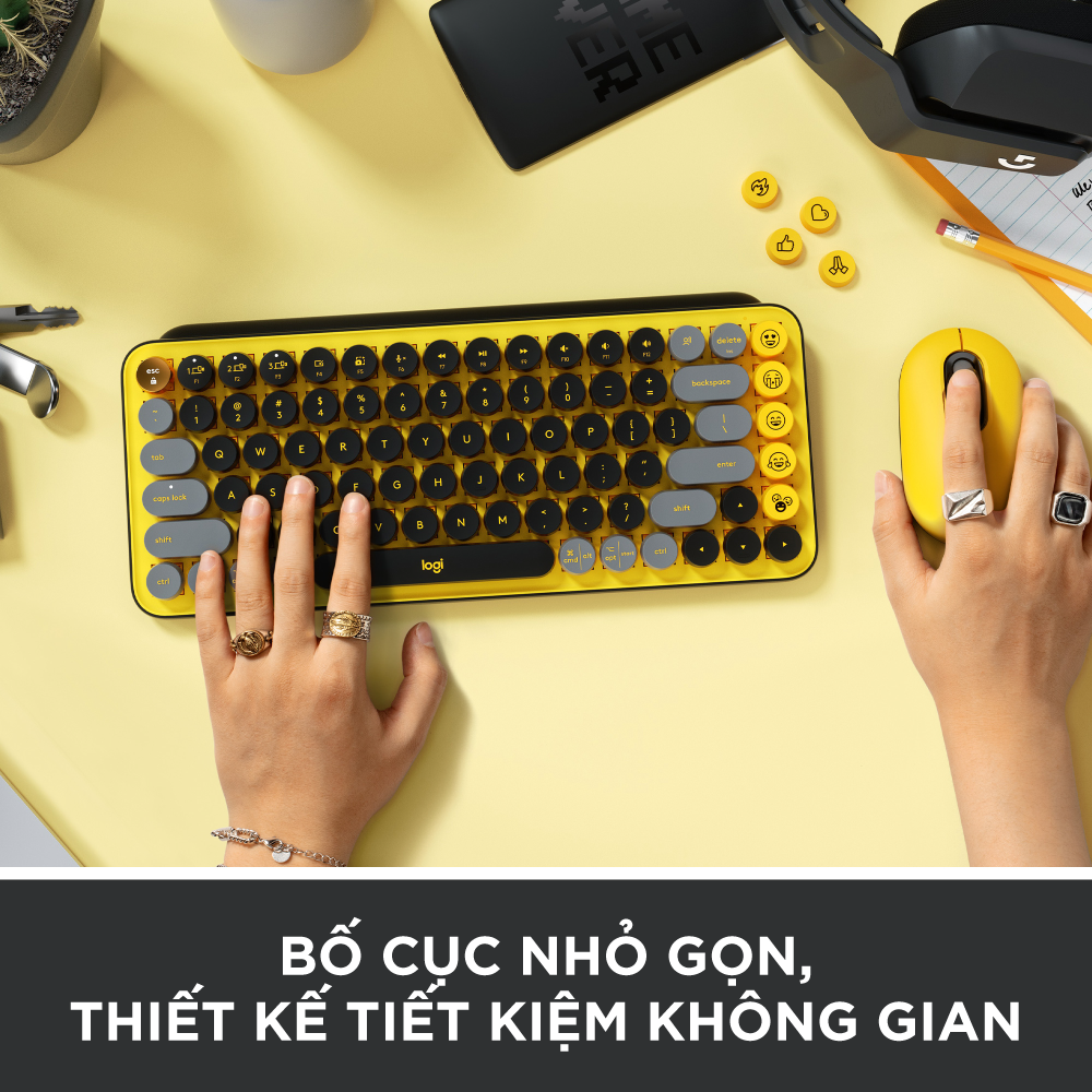 Bàn phím cơ không dây bluetooth | USB Logitech POP KEYS - với 8 phím emoji có thể điều chỉnh, switch tactile, kết nối 3 thiết bị - Màu Vàng Đen -  Hàng chính hãng