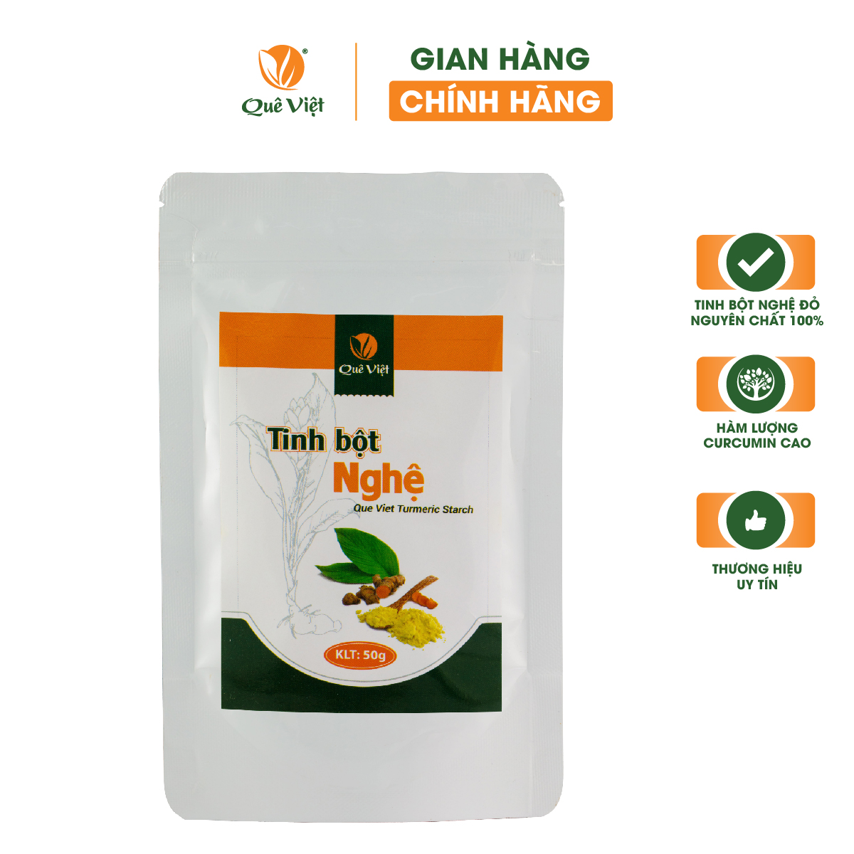 Tinh bột nghệ nguyên chất Quê Việt hỗ trợ tiêu hóa, làm đẹp da gói 50gr