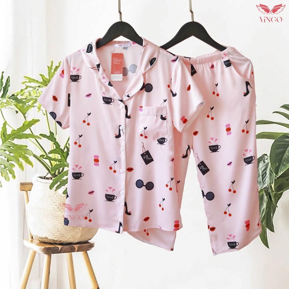 VINGO Bộ Đồ Mặc Nhà Nữ Kiểu Pijama Lụa Pháp Cao Cấp Tay Cộc Quần Lửng Họa Tiết Guốc Kính Hồng H194 VNGO