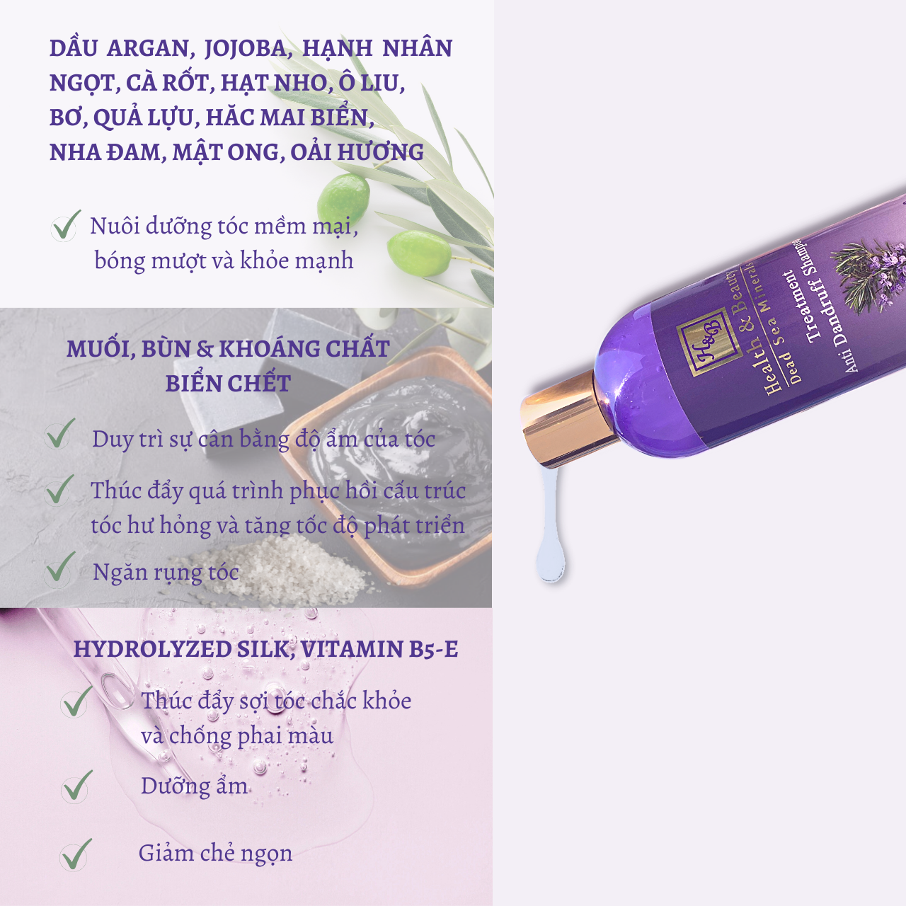 Dầu gội dành cho tóc gàu - Rosemary & Nettle Shampoo for Anti Dandruff Hair 400ml - Health and Beauty Dead Sea Minerals - Israel