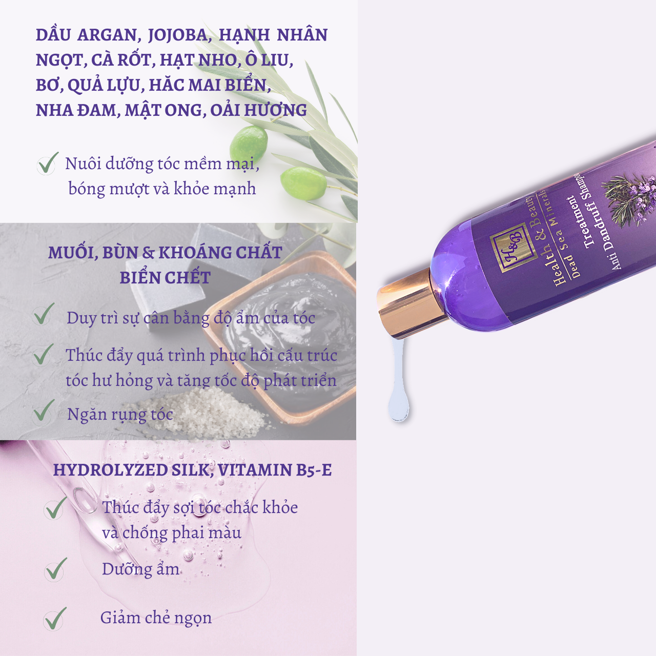 Dầu gội dành cho tóc gàu - Rosemary &amp; Nettle Shampoo for Anti Dandruff Hair 400ml - Health and Beauty Dead Sea Minerals - Israel