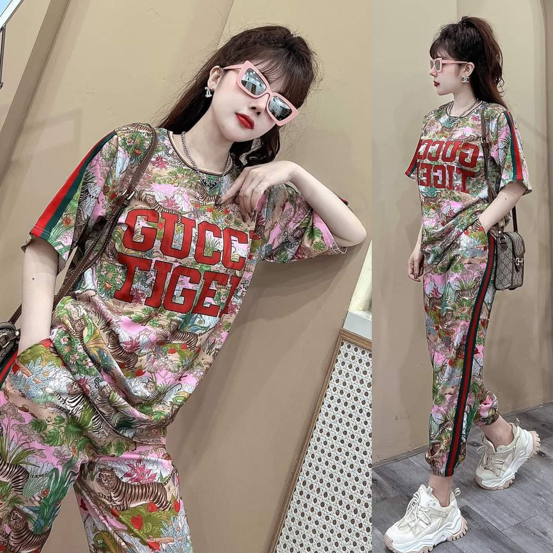 Đồ bộ thun cotton form rộng họa tiết hoa lá phối chữ