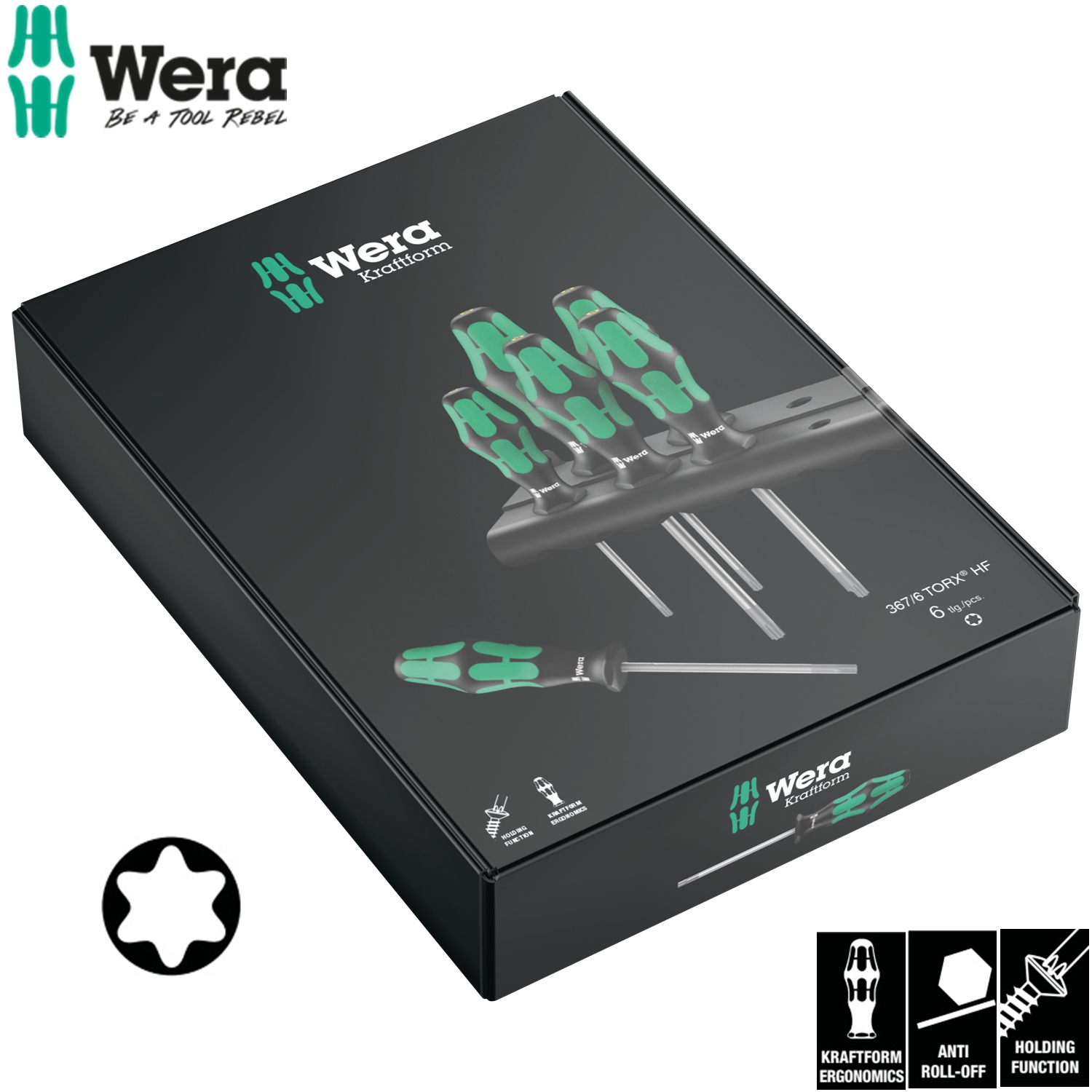 Bộ tua vít hoa thị chức năng giữ vít (holding function) Wera 05028059001 367/6 TORX HF Kraftform Plus Screwdriver gồm 6 cái với giá treo vít.