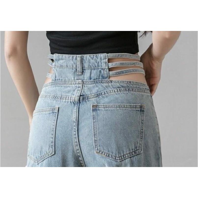 Quần jeans nữ ống rộng khoét eo đan dây