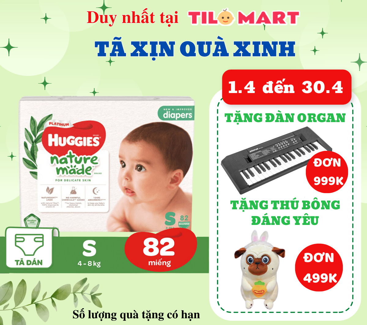 Tã/Bỉm dán siêu cao cấp Huggies Platinum Nature Made size S82 (82 miếng)