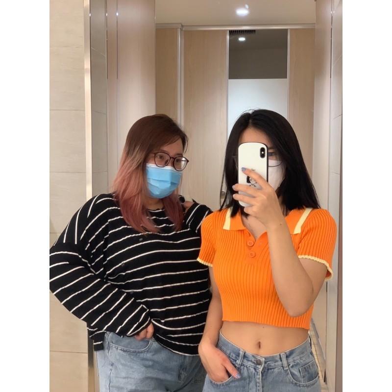 Áo len nữ cộc tay crotop cổ bẻ pha viền hot