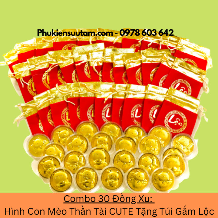 Combo 30 Đồng Xu Hình Con Mèo Thần Tài CUTE Tặng Túi Gấm Lộc, đường kính: 4cm, màu vàng - SP005932