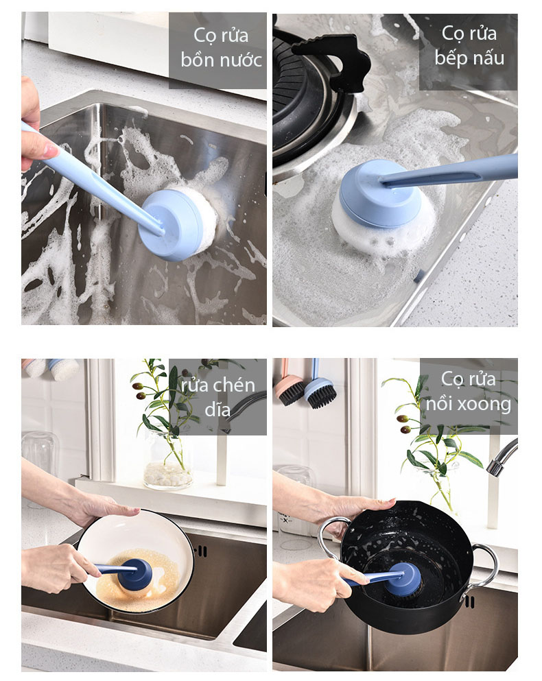 Bàn Chải Cọ Rửa Nhà Bếp, Bát, Xoong Nồi Tay Cầm Dài Bằng Nhựa-Màu Xanh
