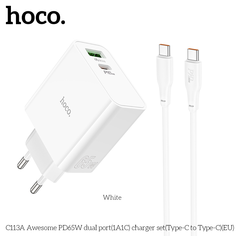 Bộ Sạc Nhanh Dành Cho Hoco C113A PD65W QC3.0 2 Cổng Usb Và Type C Đến Type C Hàng Chính Hãng