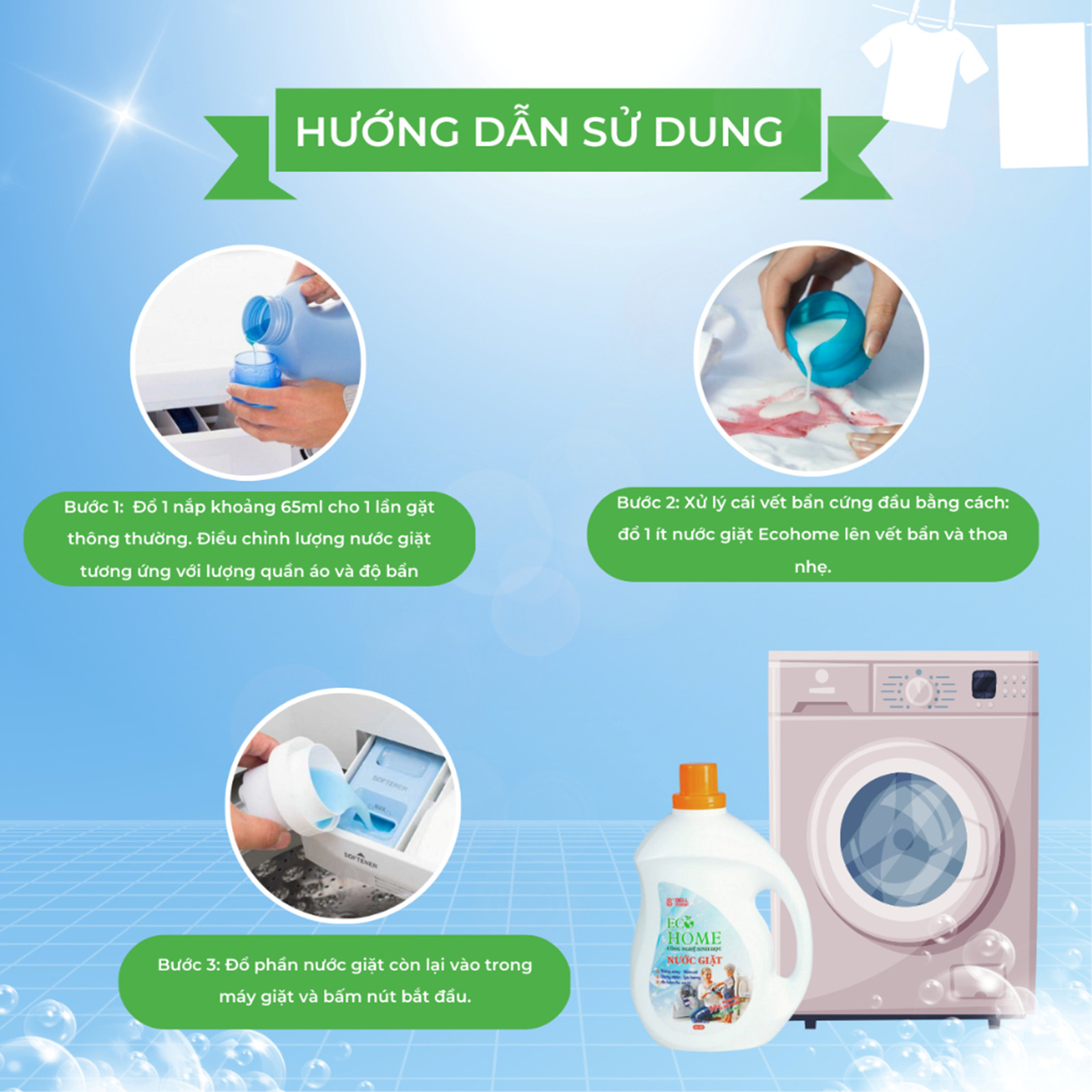 Nước Giặt Quần Áo 2 IN 1 Công Nghệ Sinh Học ECOHOME Kim Ngân Store 3.6KG Làm Sạch, Khử Mùi Hôi, Ngăn Ngừa Vi Khuẩn