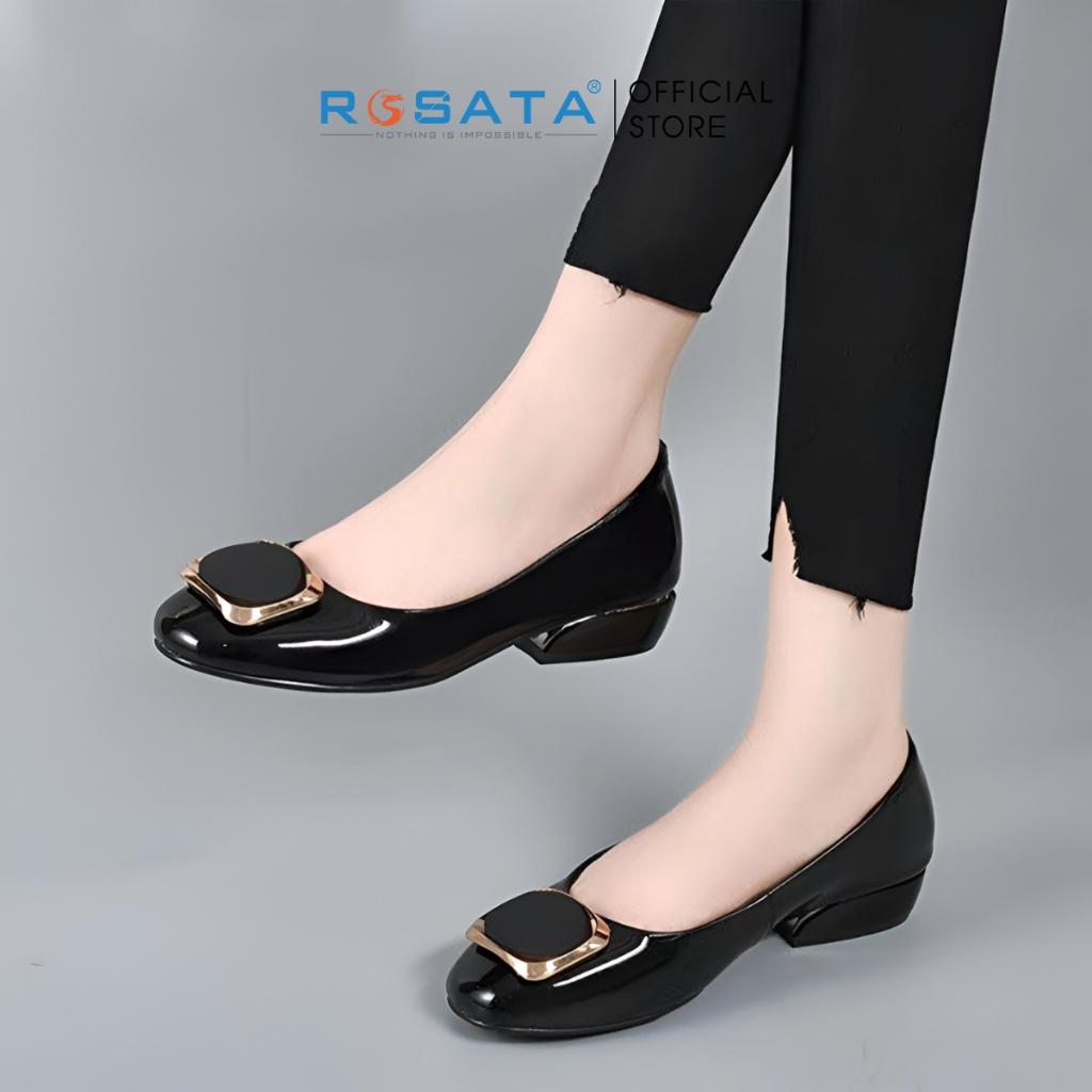 Giày búp bê ROSATA RO523 mũi tròn da trơn viền vàng êm chân đế bằng cao 2cm xuất xứ Việt Nam - Đen
