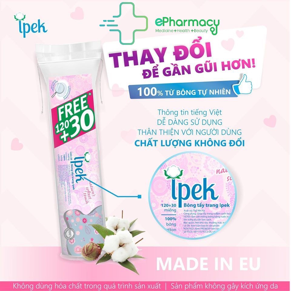 Bông tẩy trang Ipek 150 - Bông Ipek 150 miếng cotton tự nhiên từ EU