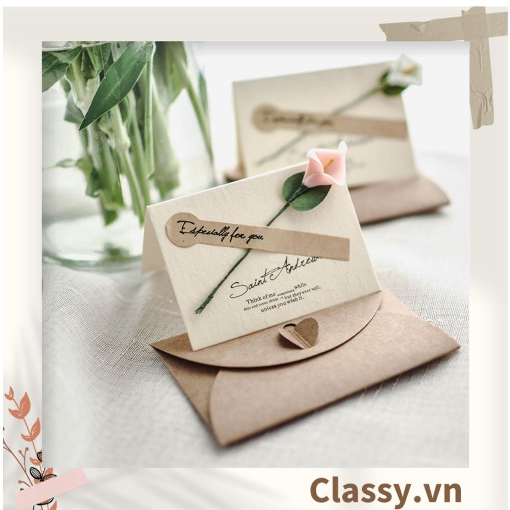 Thiệp Cổ điển Vintage gắn hoa khô kèm phong bì giấy kraft và nhãn dán Sticker Classy Q626