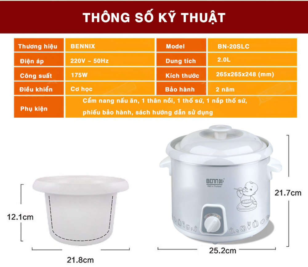 Nồi nấu chậm Bennix Thái Lan BN-40SLC dung tích 4 lít - Hàng chính hãng