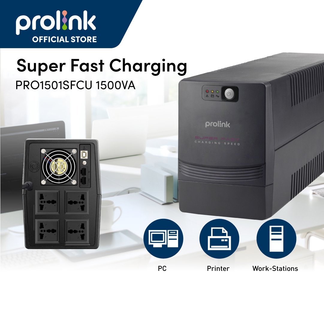 Bộ lưu điện UPS PROLiNK PRO1501SFCU công suất 900W, tích hợp bộ AVR, sạc siêu nhanh, dùng cho PC, Camera, Wifi - Hàng chính hãng