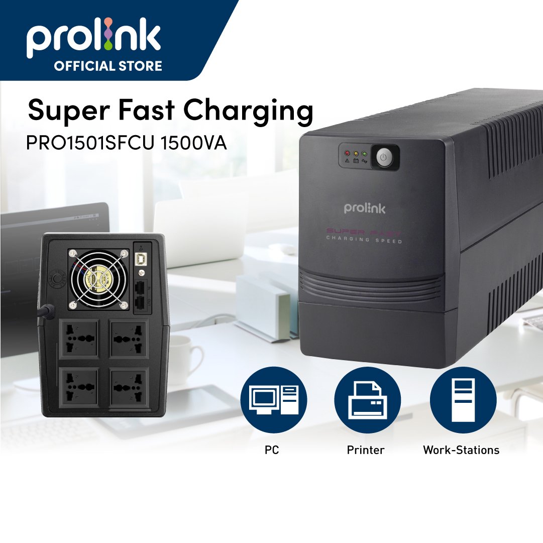 Bộ lưu điện UPS PROLiNK PRO1501SFCU (1500VA) công suất 900W, tích hợp bộ AVR, sạc siêu nhanh, dùng cho PC, Camera, Wifi - Hàng chính hãng